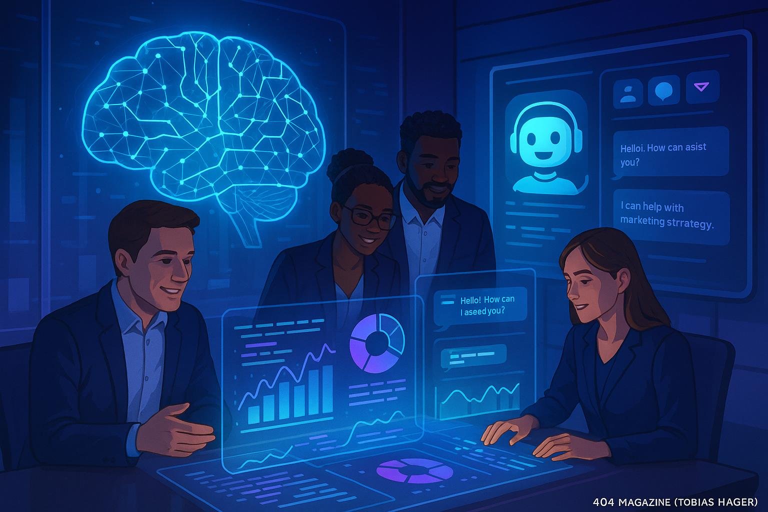 Futuristisches Büro mit holographischen Datenvisualisierungen, digitalem Gehirn und KI-Chatbot, symbolisiert KI in Marketing und Technologie.