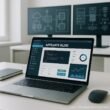 Moderner Affiliate-Blog-Setup auf Laptop mit Code, Diagrammen und SEO-Tools, im Hintergrund technische Architektur mit mehreren Monitoren, helles minimalistisches Büro, Tobias Hager, 404 Magazine