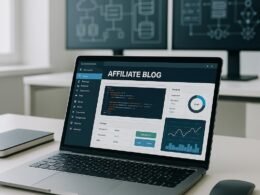 Moderner Affiliate-Blog-Setup auf Laptop mit Code, Diagrammen und SEO-Tools, im Hintergrund technische Architektur mit mehreren Monitoren, helles minimalistisches Büro, Tobias Hager, 404 Magazine