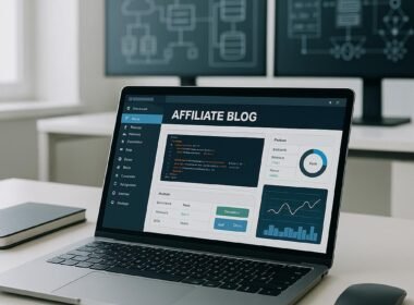 Moderner Affiliate-Blog-Setup auf Laptop mit Code, Diagrammen und SEO-Tools, im Hintergrund technische Architektur mit mehreren Monitoren, helles minimalistisches Büro, Tobias Hager, 404 Magazine