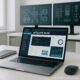 Moderner Affiliate-Blog-Setup auf Laptop mit Code, Diagrammen und SEO-Tools, im Hintergrund technische Architektur mit mehreren Monitoren, helles minimalistisches Büro, Tobias Hager, 404 Magazine