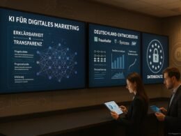 Modernes digitales Marketingkontrollzentrum mit großen Bildschirmen, Datenvisualisierungen, AI-Erklärungen in Deutsch und deutschen Symbolen wie Zahnrädern und Schaltkreisen.