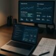 Arbeitsplatz eines Bloggers mit Laptop, Code-Editor, Monitoring-Tools und Skizzen