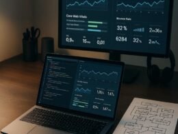 Arbeitsplatz eines Bloggers mit Laptop, Code-Editor, Monitoring-Tools und Skizzen