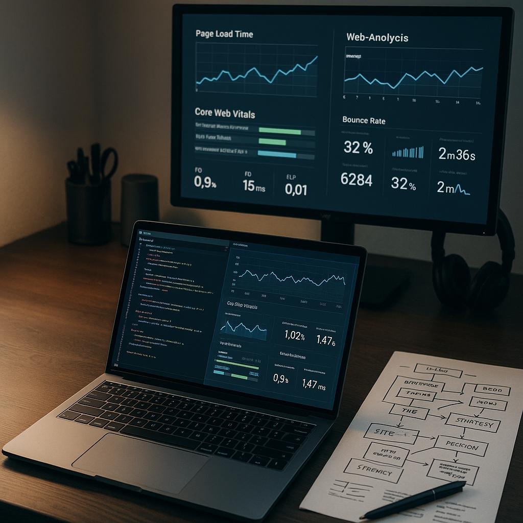 Arbeitsplatz eines Bloggers mit Laptop, Code-Editor, Monitoring-Tools und Skizzen