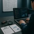 Person arbeitet an Laptop mit Code und Diagrammen im Hintergrund, analoge Werkzeuge und Notizen auf dem Schreibtisch, Whiteboard mit Skizzen zur Website-Architektur, professionelles Arbeitsumfeld.