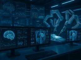 Futuristisches Medizin-Labor mit beleuchteten Bildschirmen, holographischen Diagrammen, Roboterarmen bei Operationen und visualisierten Genomdaten, symbolisiert Innovation in Medizin und KI.