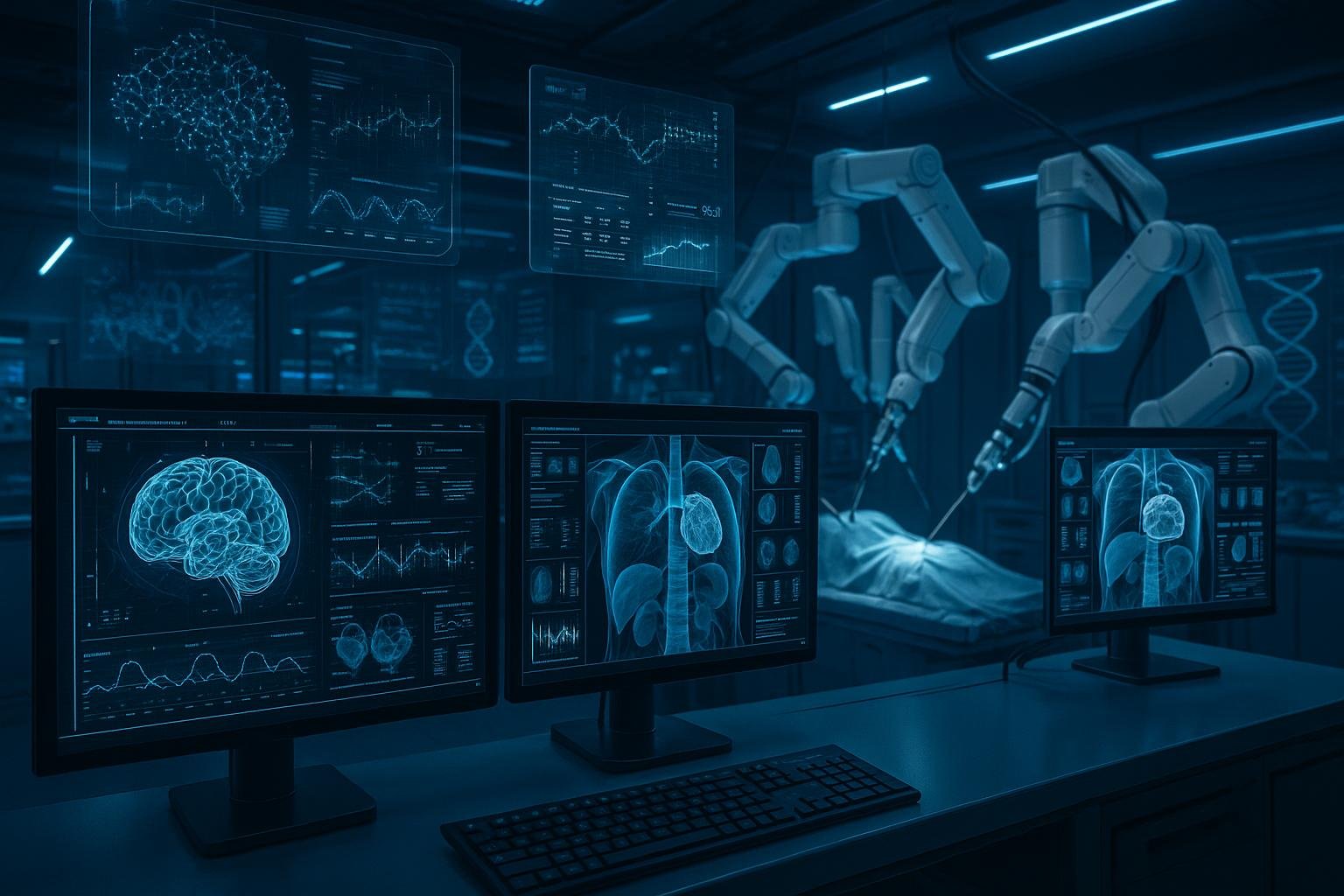 Futuristisches Medizin-Labor mit beleuchteten Bildschirmen, holographischen Diagrammen, Roboterarmen bei Operationen und visualisierten Genomdaten, symbolisiert Innovation in Medizin und KI.