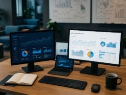 Moderner Arbeitsplatz mit beleuchteten Schreibtisch, mehreren Monitoren, Datencharts, offenen Tools wie Google Analytics, Notizbüchern, Whiteboards und flexiblen Sitzgelegenheiten, vermittelt ein innovatives Arbeitsumfeld für Affiliate-Marketing.