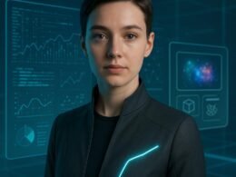 Futuristischer KI-Avatar vor holographischem Interface in einem modernen, technikbasierten Umfeld mit Neonlichtern und digitalen Gittern.