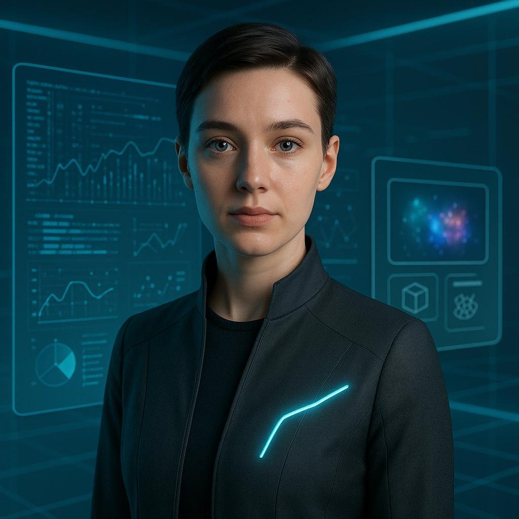 Futuristischer KI-Avatar vor holographischem Interface in einem modernen, technikbasierten Umfeld mit Neonlichtern und digitalen Gittern.