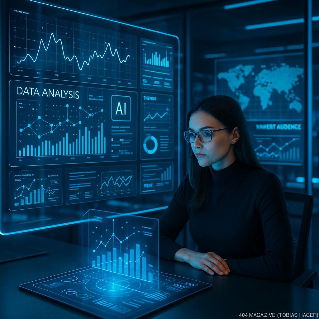 Innovatives Marketingbüro mit holographischer Datenanalyse, digitalen Dashboards und futuristischen Interfaces