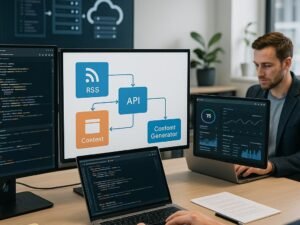 Modernes Büro mit mehreren Computerbildschirmen, Workflow-Flowchart und einer Person, die an einem Laptop arbeitet, umgeben von digitalen Analysen und Infrastruktur-Symbolen.