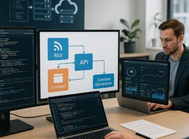 Modernes Büro mit mehreren Computerbildschirmen, Workflow-Flowchart und einer Person, die an einem Laptop arbeitet, umgeben von digitalen Analysen und Infrastruktur-Symbolen.