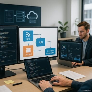 Modernes Büro mit mehreren Computerbildschirmen, Workflow-Flowchart und einer Person, die an einem Laptop arbeitet, umgeben von digitalen Analysen und Infrastruktur-Symbolen.
