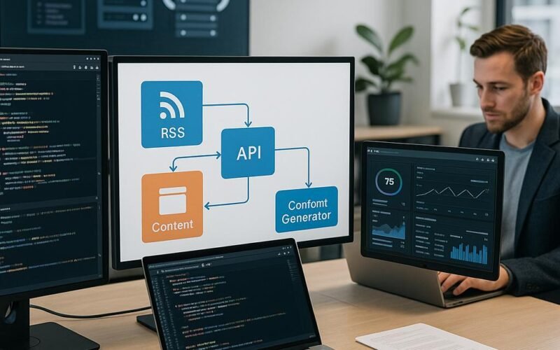 Modernes Büro mit mehreren Computerbildschirmen, Workflow-Flowchart und einer Person, die an einem Laptop arbeitet, umgeben von digitalen Analysen und Infrastruktur-Symbolen.