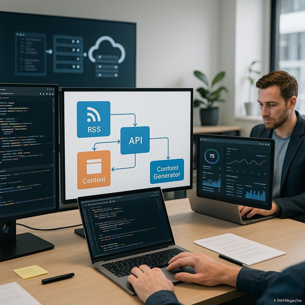 Modernes Büro mit mehreren Computerbildschirmen, Workflow-Flowchart und einer Person, die an einem Laptop arbeitet, umgeben von digitalen Analysen und Infrastruktur-Symbolen.