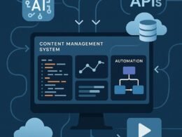 Moderne Content-Management-System Oberfläche mit APIs, Code, Diagrammen und Automatisierungs-Workflows