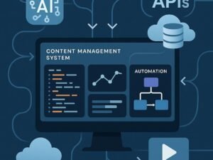 Moderne Content-Management-System Oberfläche mit APIs, Code, Diagrammen und Automatisierungs-Workflows