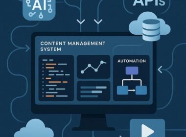 Moderne Content-Management-System Oberfläche mit APIs, Code, Diagrammen und Automatisierungs-Workflows