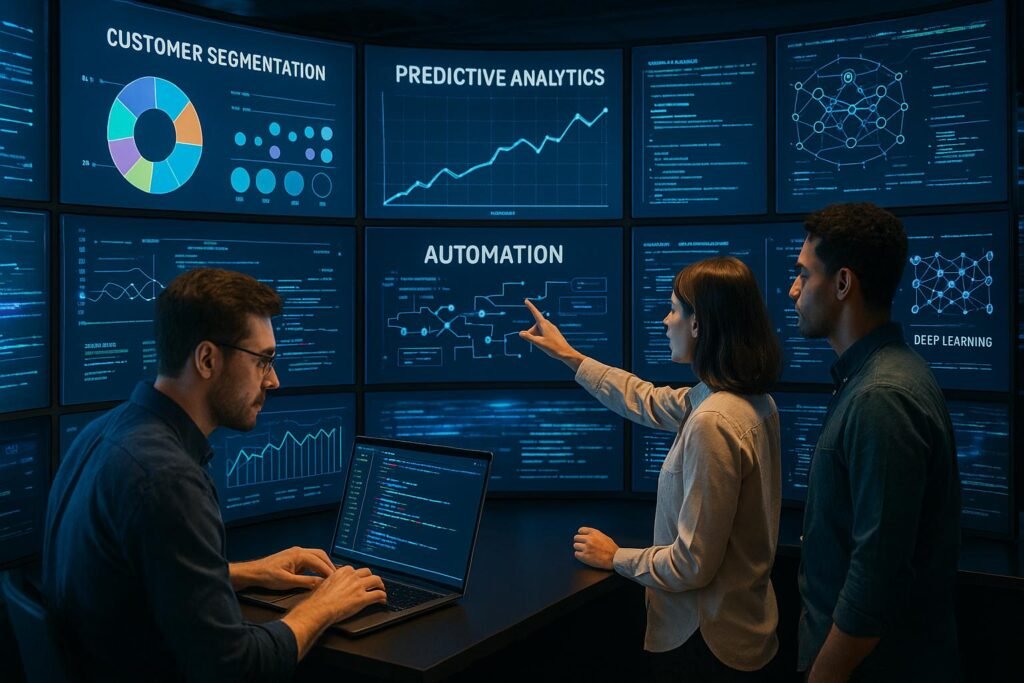 Marketing-Profis in einem modernen Kontrollraum mit großen Bildschirmen, die Datenvisualisierungen, KI-Algorithmen und Echtzeit-Analysen anzeigen