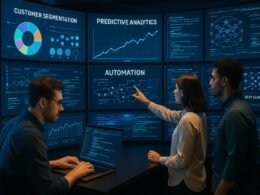 Marketing-Profis in einem modernen Kontrollraum mit großen Bildschirmen, die Datenvisualisierungen, KI-Algorithmen und Echtzeit-Analysen anzeigen