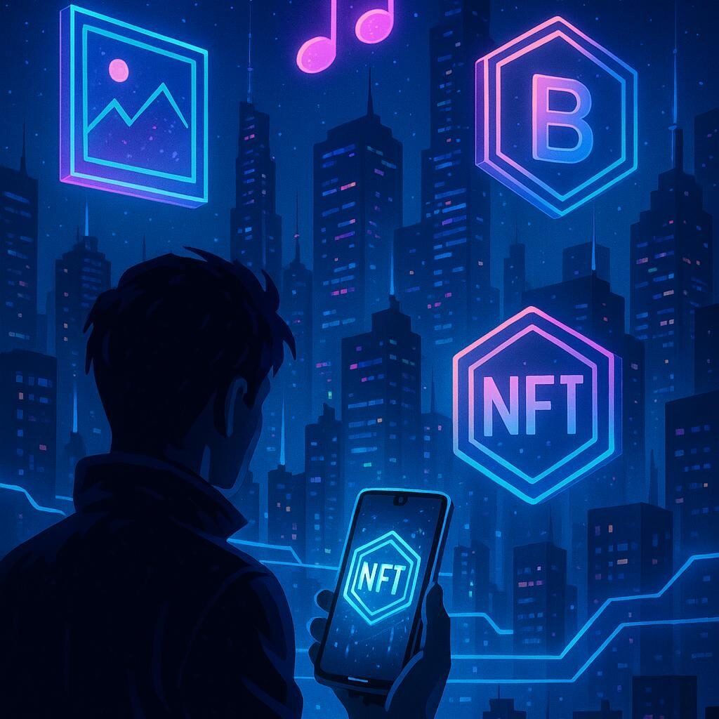 Futuristisches digitales Stadtbild bei Nacht mit schwebenden holographischen NFT-Icons, Person mit Smartphone und neonblauen Linien, die Blockchain-Technologie symbolisieren.