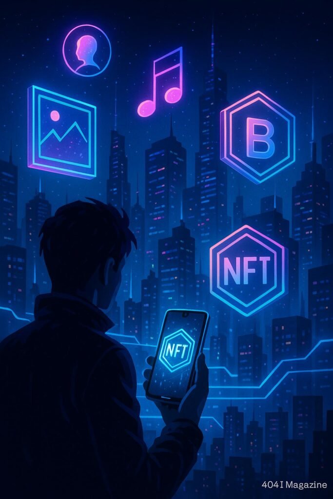 Futuristisches digitales Stadtbild bei Nacht mit schwebenden holographischen NFT-Icons, Person mit Smartphone und neonblauen Linien, die Blockchain-Technologie symbolisieren.