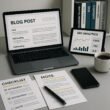 Moderner Arbeitsplatz mit Laptop, Tablet, Notizen und Kaffee, umgeben von Büchern über digitales Marketing und SEO, mit einem organisierten Arbeitsbereich