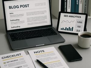 Moderner Arbeitsplatz mit Laptop, Tablet, Notizen und Kaffee, umgeben von Büchern über digitales Marketing und SEO, mit einem organisierten Arbeitsbereich