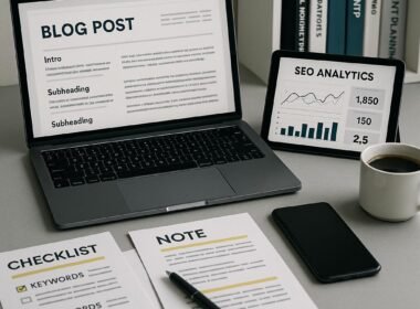 Moderner Arbeitsplatz mit Laptop, Tablet, Notizen und Kaffee, umgeben von Büchern über digitales Marketing und SEO, mit einem organisierten Arbeitsbereich