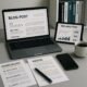 Moderner Arbeitsplatz mit Laptop, Tablet, Notizen und Kaffee, umgeben von Büchern über digitales Marketing und SEO, mit einem organisierten Arbeitsbereich