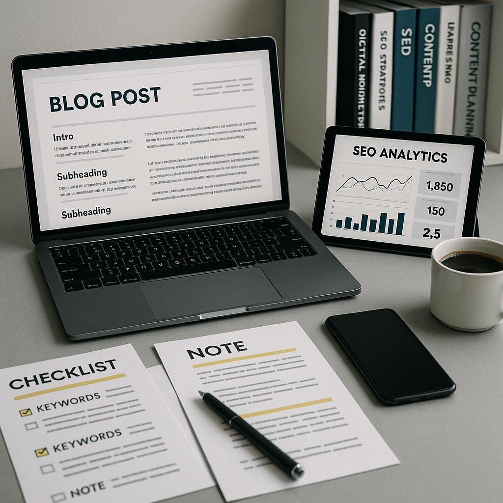 Moderner Arbeitsplatz mit Laptop, Tablet, Notizen und Kaffee, umgeben von Büchern über digitales Marketing und SEO, mit einem organisierten Arbeitsbereich