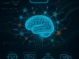 Futuristisches, hochdetailliertes Bild eines holografischen menschlichen Gehirns inmitten eines komplexen neuronalen Netzwerks mit bunten Verbindungen und digitalen Datenströmen