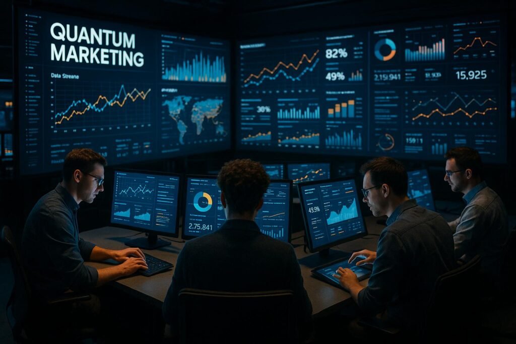 Modernes Kontrollzentrum für Quantum Marketing mit großen Bildschirmen, Dashboards und IT-Profis bei der Arbeit, im Hintergrund leuchtende Datenvisualisierungen