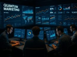 Modernes Kontrollzentrum für Quantum Marketing mit großen Bildschirmen, Dashboards und IT-Profis bei der Arbeit, im Hintergrund leuchtende Datenvisualisierungen