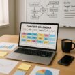 Arbeitsplatz mit Laptop, Druckcharts, Sticky Notes, Kaffeetasse und Whiteboard mit Diagrammen und Flowcharts, beleuchtet durch Tageslicht