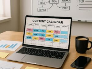Arbeitsplatz mit Laptop, Druckcharts, Sticky Notes, Kaffeetasse und Whiteboard mit Diagrammen und Flowcharts, beleuchtet durch Tageslicht