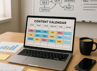 Arbeitsplatz mit Laptop, Druckcharts, Sticky Notes, Kaffeetasse und Whiteboard mit Diagrammen und Flowcharts, beleuchtet durch Tageslicht