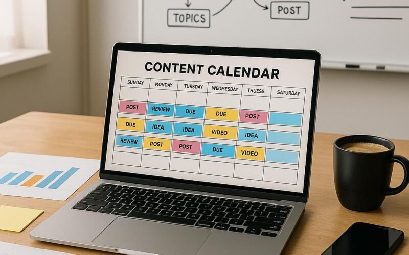 Arbeitsplatz mit Laptop, Druckcharts, Sticky Notes, Kaffeetasse und Whiteboard mit Diagrammen und Flowcharts, beleuchtet durch Tageslicht