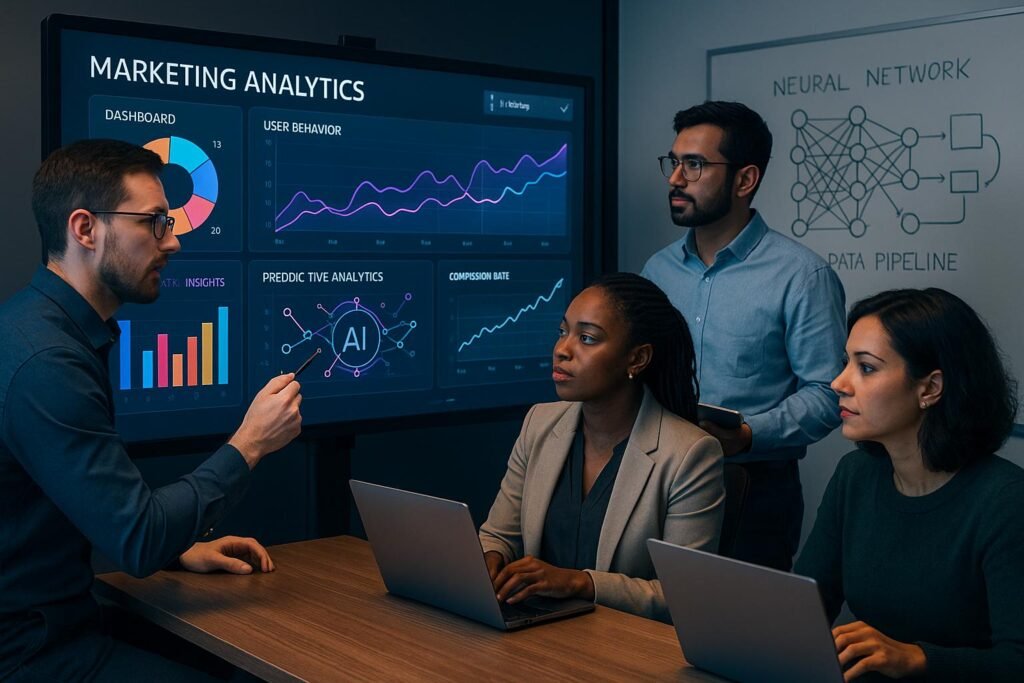 Vielseitiges Marketingteam arbeitet an einem digitalen Touchscreen mit Datenvisualisierungen und KI-Dashboards in einem hochmodernen Büro