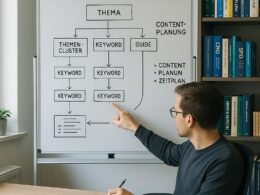 Modernes Büro mit Whiteboard, das eine Blog-Artikel-Framework-Architektur mit Themenclustern und Keyword-Hierarchien zeigt, im Vordergrund eine Person, die Notizen macht. Regal mit Fachbüchern im Hintergrund. Credit: 404 Magazine (Tobias Hager).