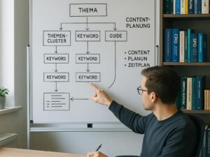 Modernes Büro mit Whiteboard, das eine Blog-Artikel-Framework-Architektur mit Themenclustern und Keyword-Hierarchien zeigt, im Vordergrund eine Person, die Notizen macht. Regal mit Fachbüchern im Hintergrund. Credit: 404 Magazine (Tobias Hager).