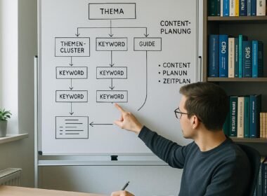 Modernes Büro mit Whiteboard, das eine Blog-Artikel-Framework-Architektur mit Themenclustern und Keyword-Hierarchien zeigt, im Vordergrund eine Person, die Notizen macht. Regal mit Fachbüchern im Hintergrund. Credit: 404 Magazine (Tobias Hager).
