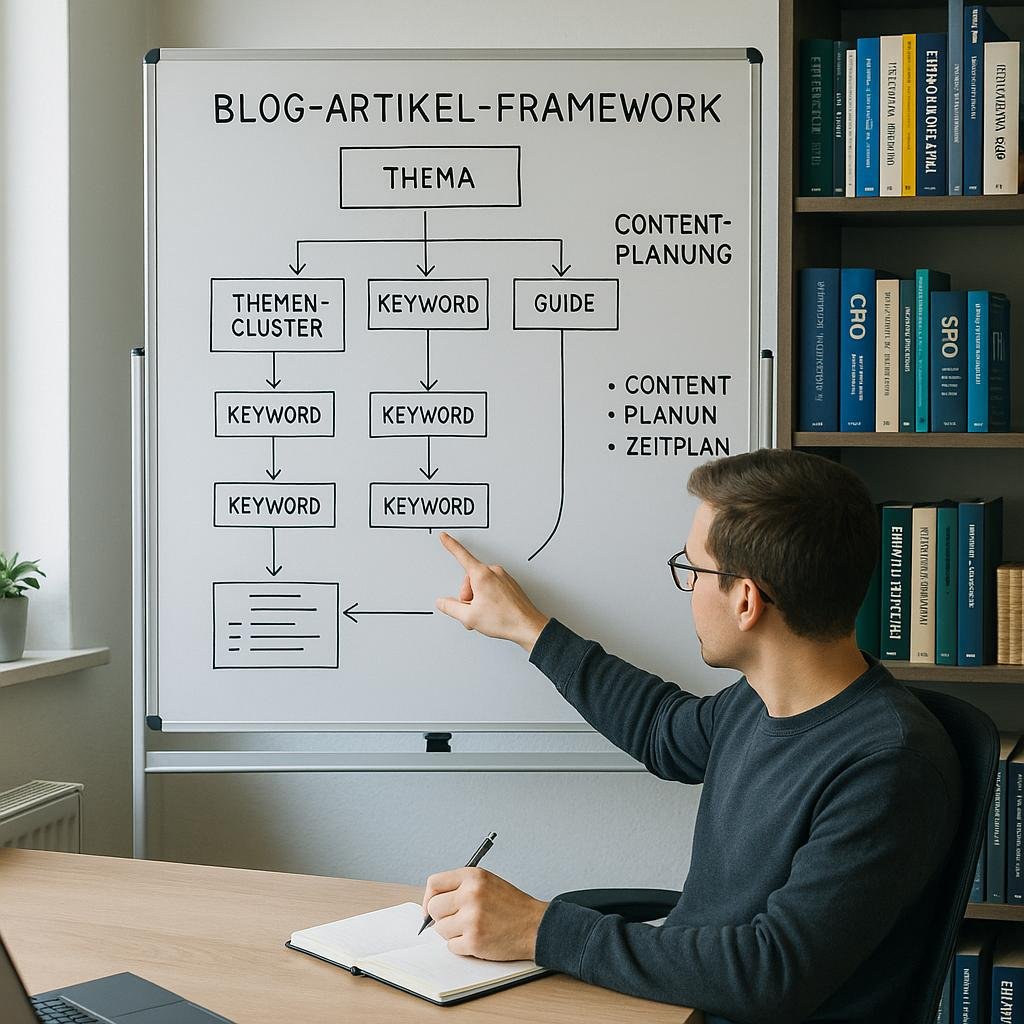 Modernes Büro mit Whiteboard, das eine Blog-Artikel-Framework-Architektur mit Themenclustern und Keyword-Hierarchien zeigt, im Vordergrund eine Person, die Notizen macht. Regal mit Fachbüchern im Hintergrund. Credit: 404 Magazine (Tobias Hager).