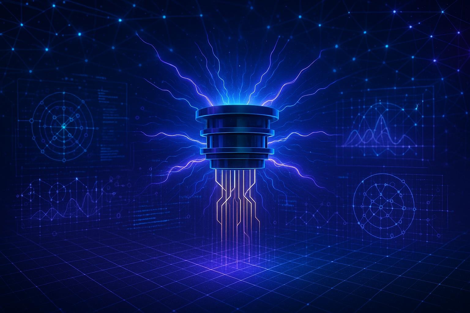 Futuristisches Szenario mit leuchtendem Quantenrechner, holographischen Datenströmen und verschlüsselten Netzwerken, dargestellt in einer digitalen, hochtechnologischen Umgebung.