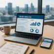 Laptop auf modernem Schreibtisch mit Blog-Analyse auf dem Bildschirm, neben Notizblock, Kaffee und Smartphone, im Hintergrund Blick auf Stadt durch eine große Glasscheibe.