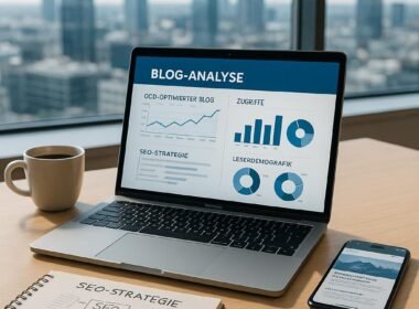 Laptop auf modernem Schreibtisch mit Blog-Analyse auf dem Bildschirm, neben Notizblock, Kaffee und Smartphone, im Hintergrund Blick auf Stadt durch eine große Glasscheibe.