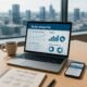 Laptop auf modernem Schreibtisch mit Blog-Analyse auf dem Bildschirm, neben Notizblock, Kaffee und Smartphone, im Hintergrund Blick auf Stadt durch eine große Glasscheibe.
