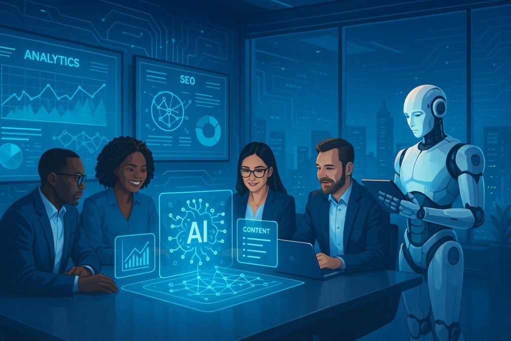 Futuristisches Büro mit Team, holographischen KI-Daten, digitaler Analyse und humanoidem Roboter, das die Integration von KI in Geschäftsprozesse darstellt.